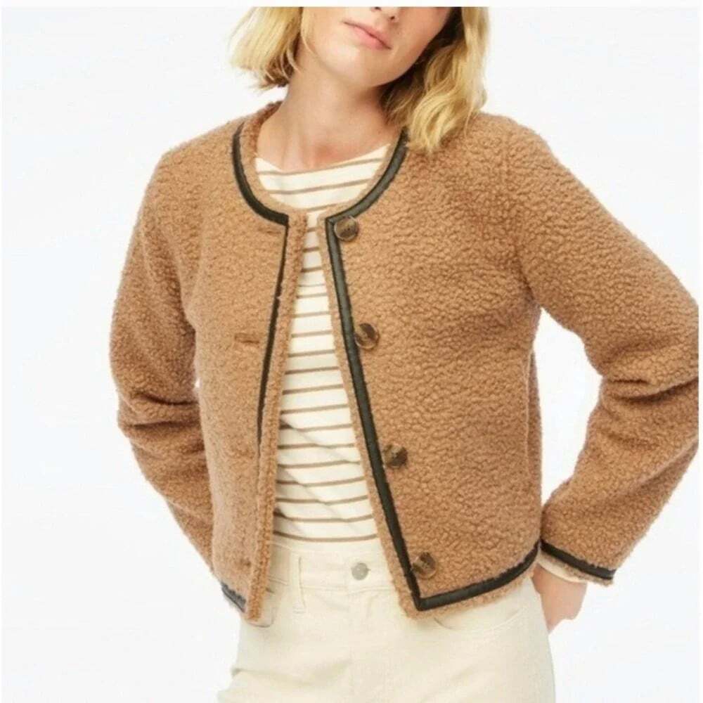 J. Crew Factory Camel Teddy Jacket with Dark Trim